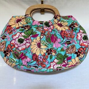 Vera Bradley Blue and Pink Floral Quilted Clutch with Wooden Handles